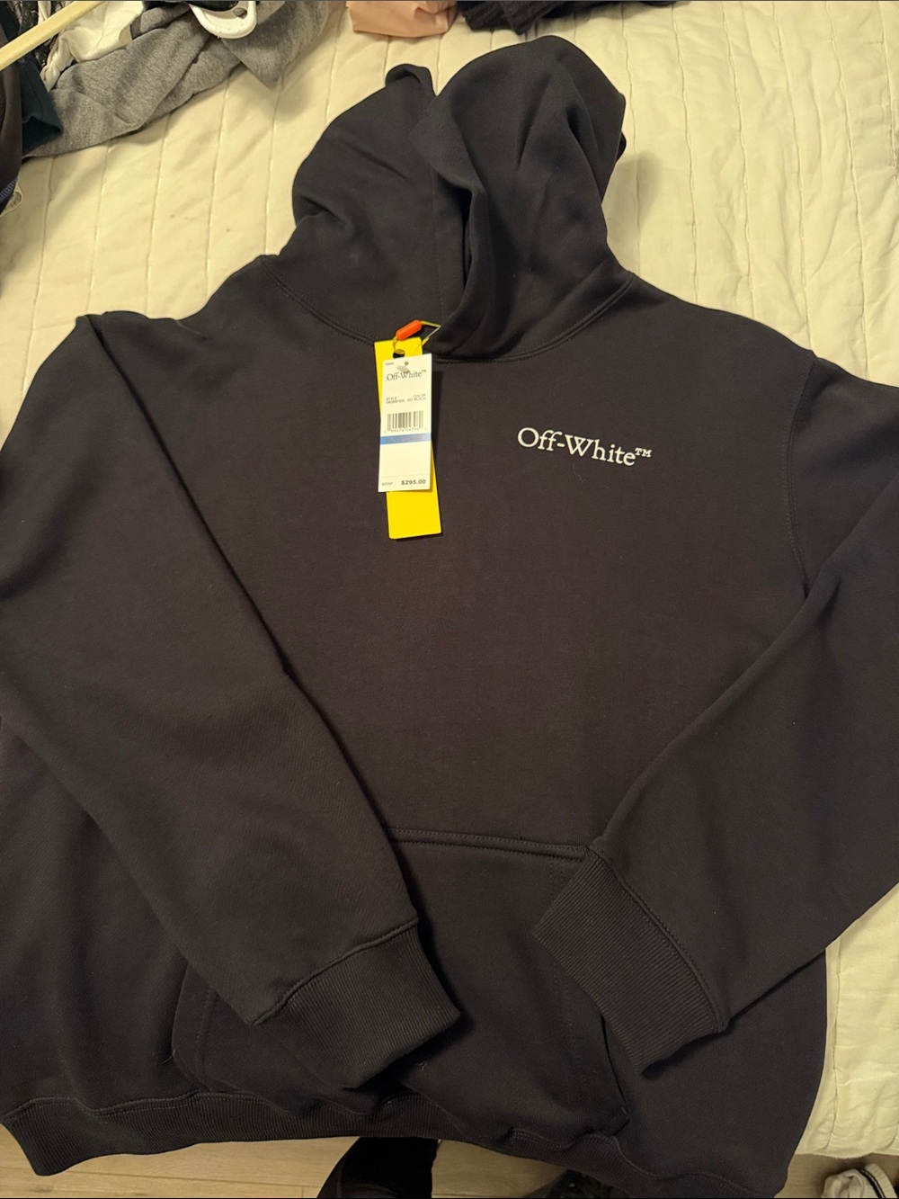 Off-White Black Pullover Hoodie with White Logo and Yellow Tag